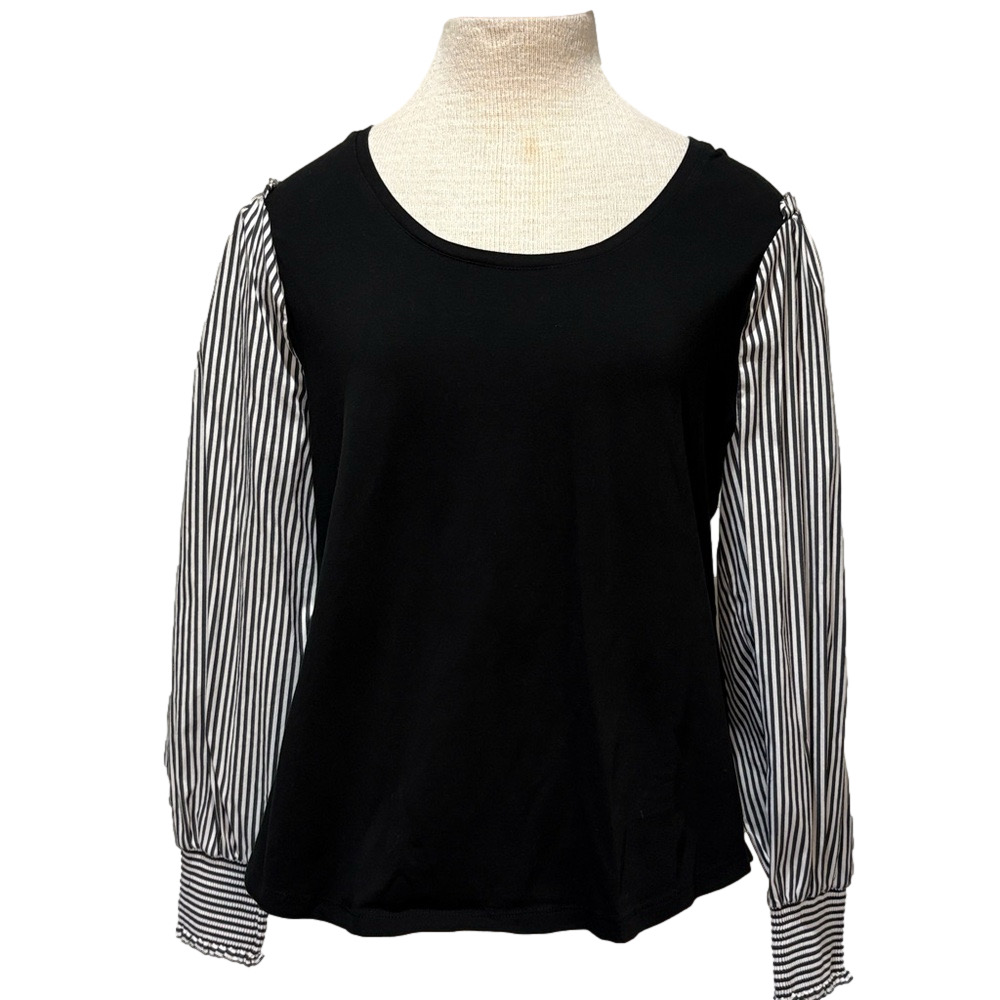 Chico’s sz L (2) black top with striped sleeves